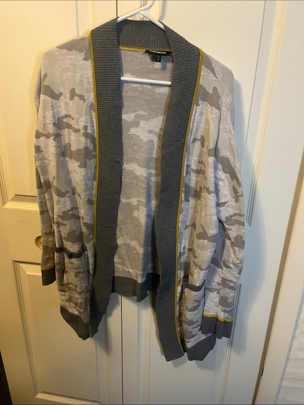 Express Gray Camo Open Cardigan with Yellow Trim